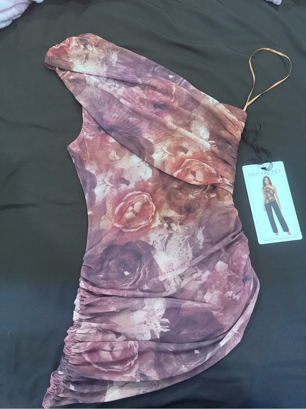Milk & Honey One-Shoulder Floral Ruched Top — Mauve Pink